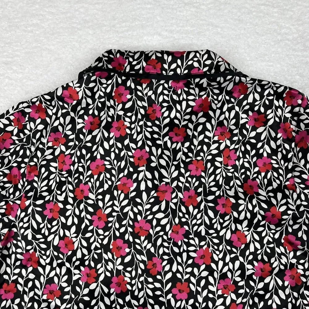Kate Spade‎ Sleep Shirt Womens XS Black Red Floral Button Up Pajama Pocket